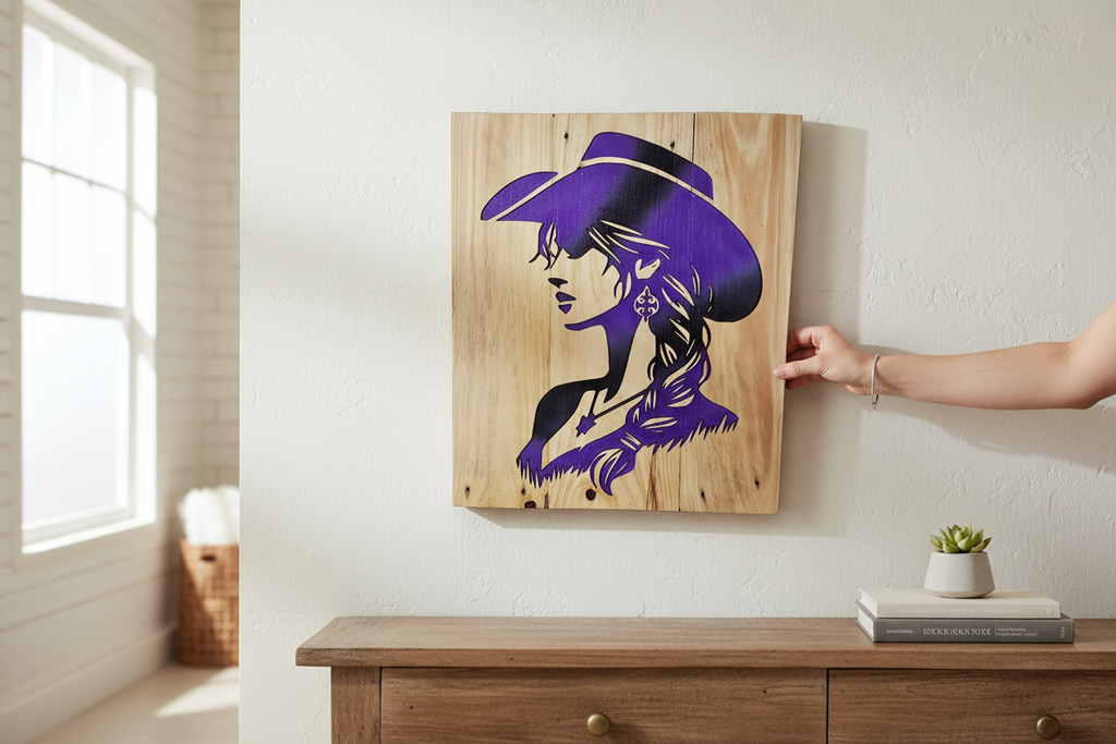 TK Wood Designs handcrafted wooden wall art featuring a purple and black cowgirl silhouette on natural wood grain.
