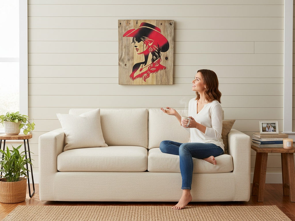 TK Wood Designs rustic wooden wall art featuring a red and black cowgirl silhouette hanging above a beige sofa.