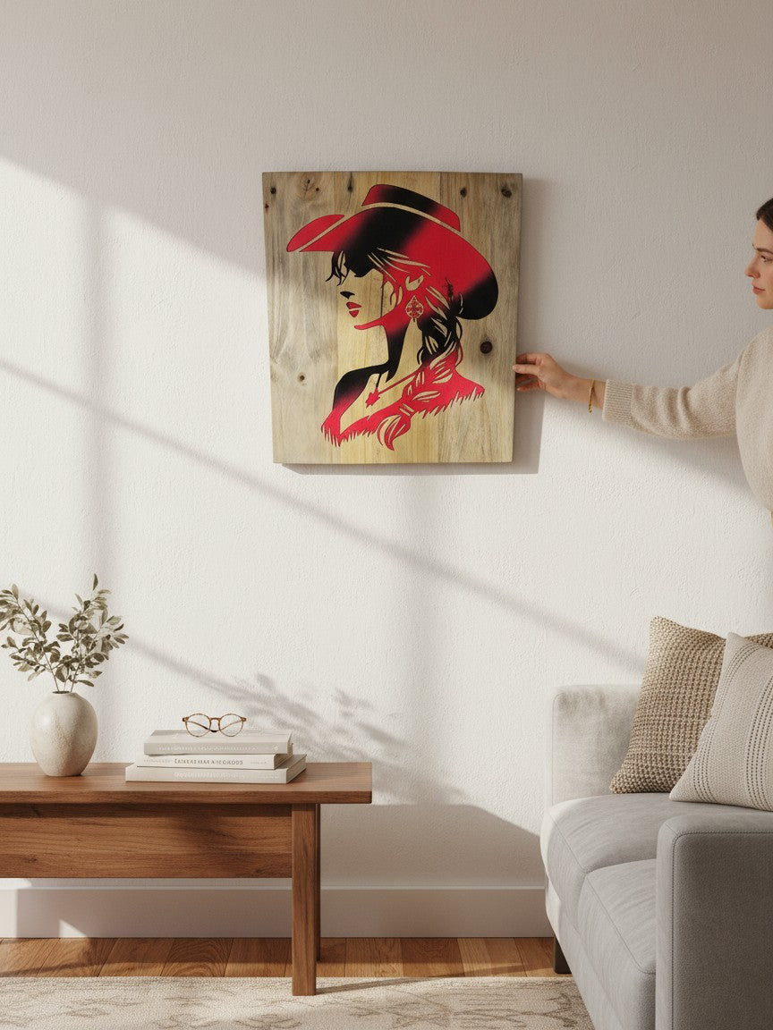 TK Wood Designs rustic wooden wall art featuring a red and black cowgirl silhouette on a natural wood plank