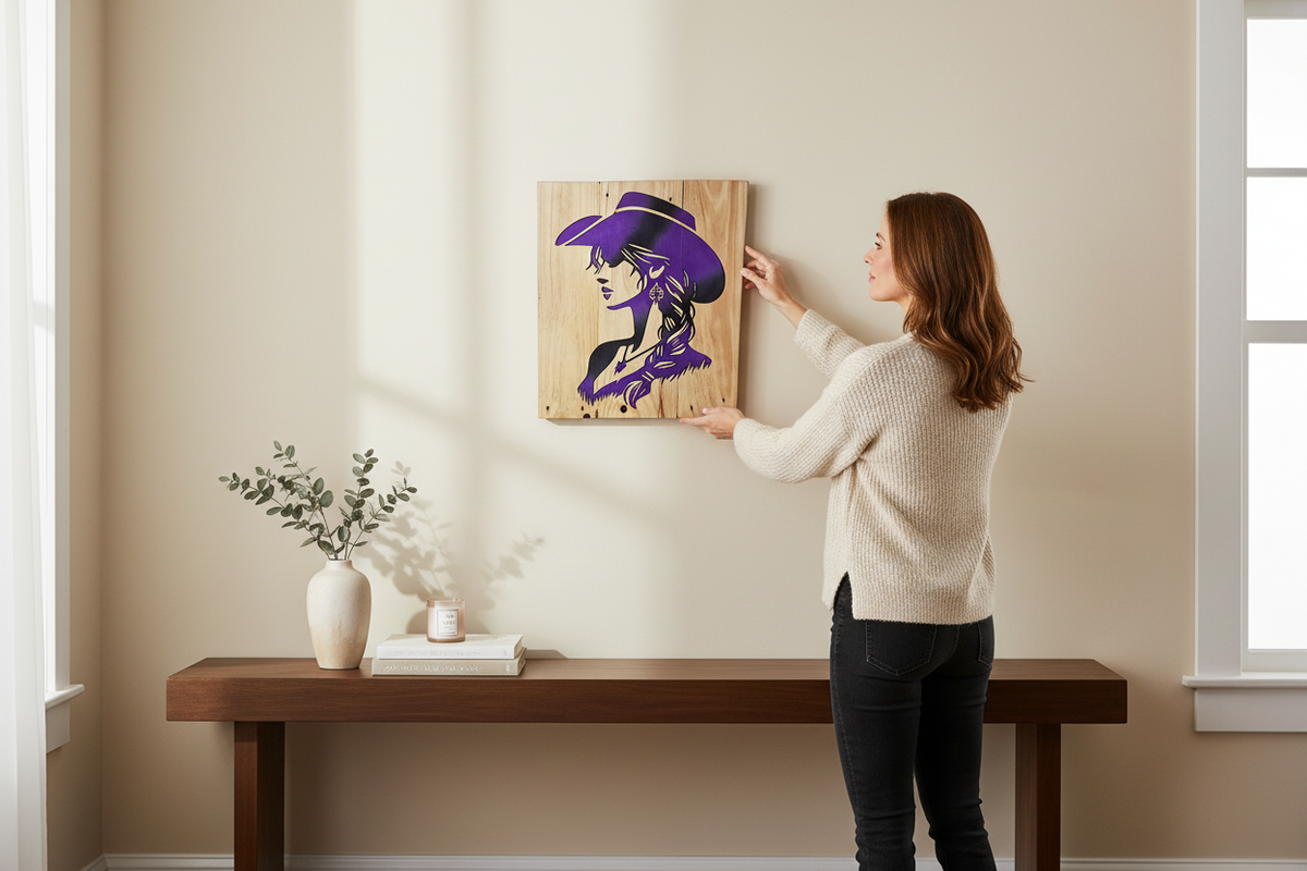 TK Wood Designs handcrafted wooden wall art featuring a purple cowgirl silhouette hanging on a neutral living room wall