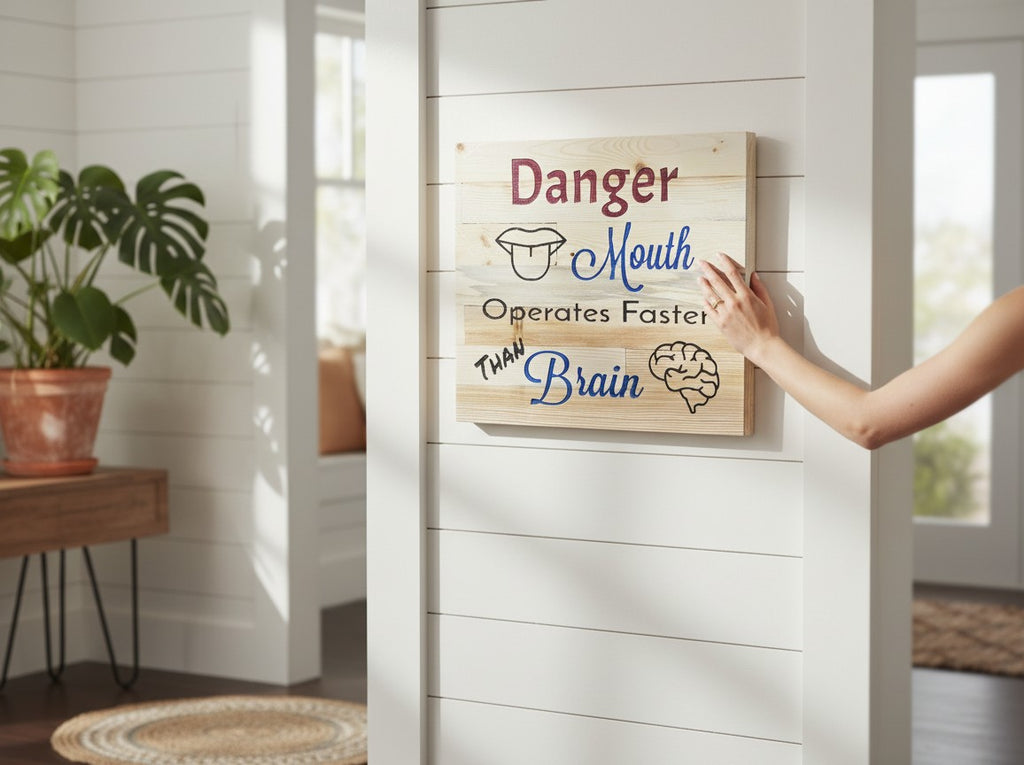 TK Wood Designs handcrafted wooden sign with 'Danger Mouth Operates Faster Than Brain' text and graphics. Natural wood grain.