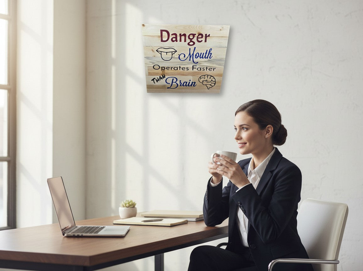 TK Wood Designs handcrafted wooden sign with 'Danger Mouth Operates Faster Than Brain' text and graphics. Natural wood grain.
