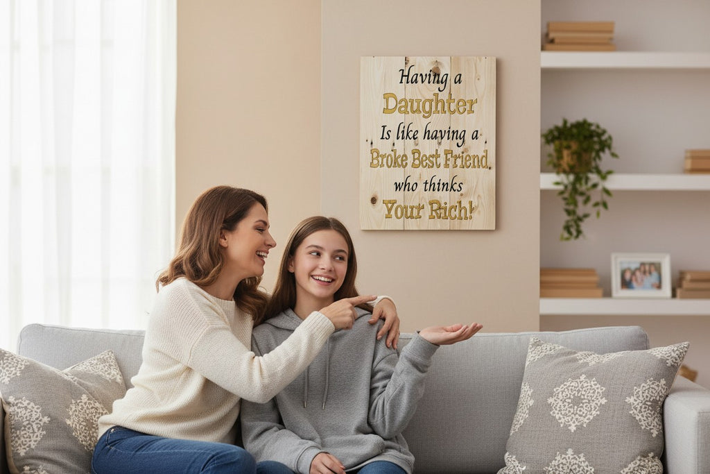 TK Wood Designs natural wood sign with quote "Having a Daughter Is like having a Broke Best Friend who thinks Your Rich!" in black and gold lettering.