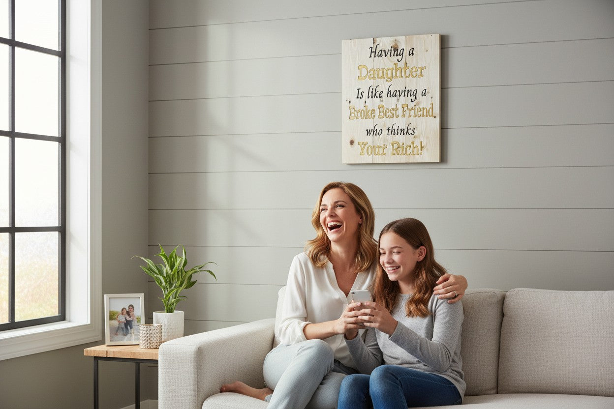 TK Wood Designs natural wood sign with quote "Having a Daughter Is like having a Broke Best Friend who thinks Your Rich!" in gold and black lettering.