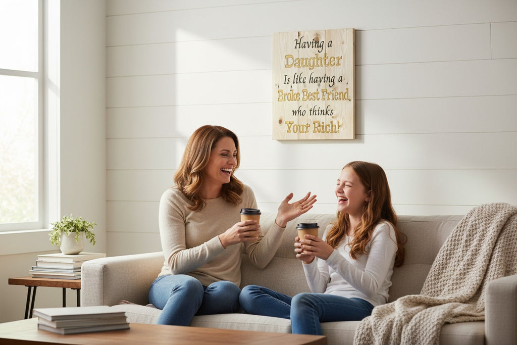 TK Wood Designs natural wood wall art with quote "Having a Daughter Is Like Having a Broke Best Friend who thinks Your Rich!" in gold and black.