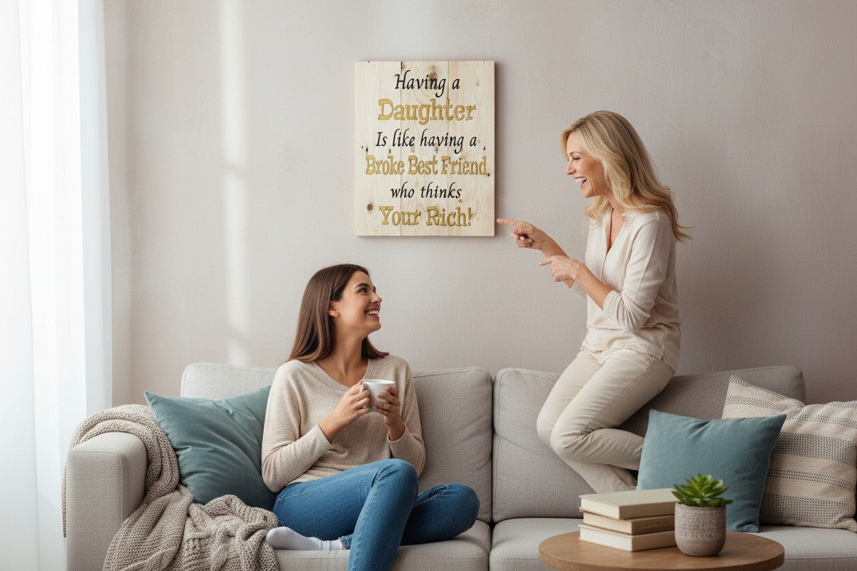 TK Wood Designs natural wood wall art with quote "Having a Daughter Is Like Having a Broke Best Friend who thinks Your Rich!" in gold and black.