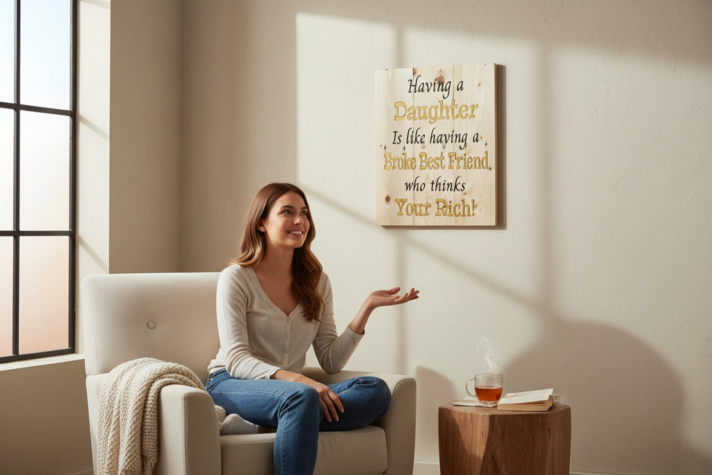 TK Wood Designs natural wood wall art with quote "Having a Daughter Is Like Having a Broke Best Friend who thinks Your Rich!" in gold and black.