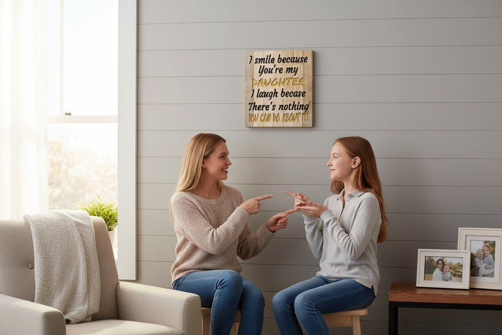 TK Wood Designs wooden sign with carved text: "I smile because you're my DAUGHTER. I laugh because there's nothing YOU CAN DO ABOUT IT!"