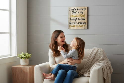 TK Wood Designs wooden sign with carved text: "I smile because you're my DAUGHTER. I laugh because there's nothing YOU CAN DO ABOUT IT!"