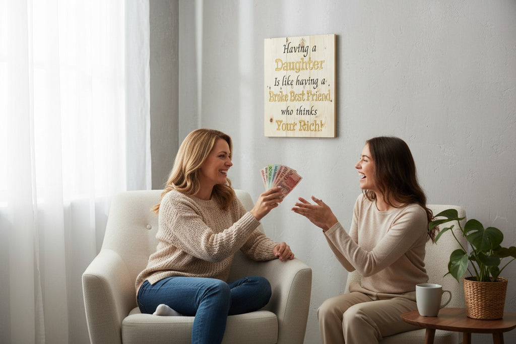 TK Wood Designs natural wood sign with humorous quote about daughters: "Having a Daughter Is like having a Broke Best Friend who thinks Your Rich!"