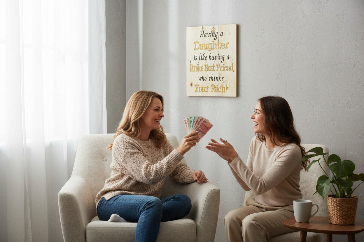 TK Wood Designs natural wood sign with humorous quote about daughters: "Having a Daughter Is like having a Broke Best Friend who thinks Your Rich!"