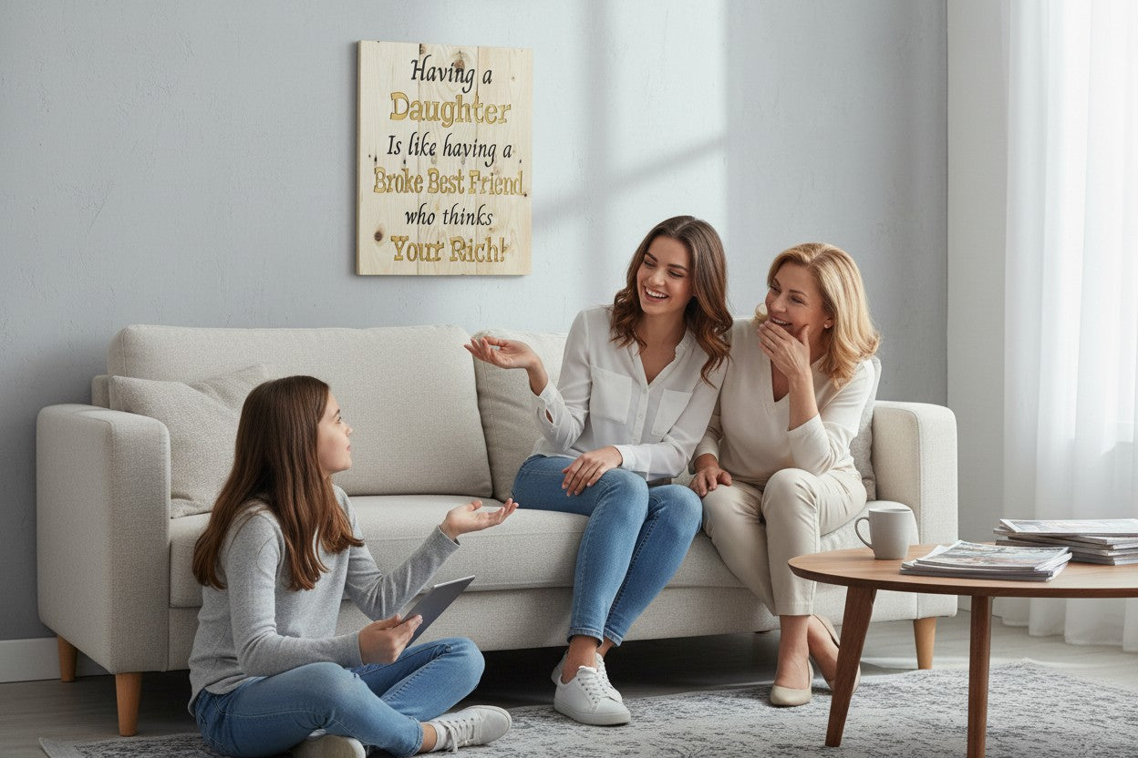 TK Wood Designs natural wood sign with humorous quote about daughters: "Having a Daughter Is like having a Broke Best Friend who thinks Your Rich!"