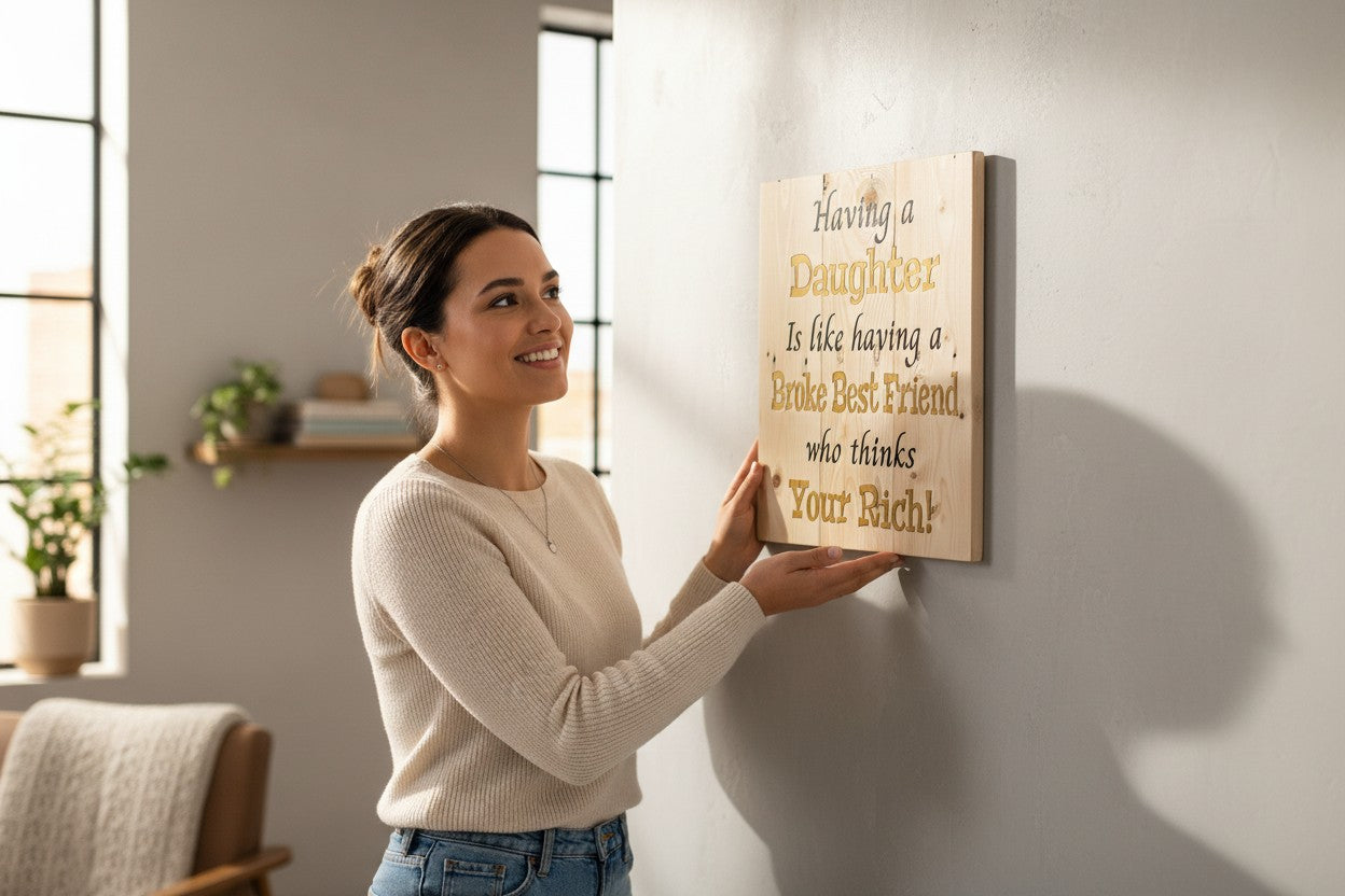 TK Wood Designs wooden sign with text "Having a Daughter Is like having a Broke Best Friend who thinks Your Rich!"