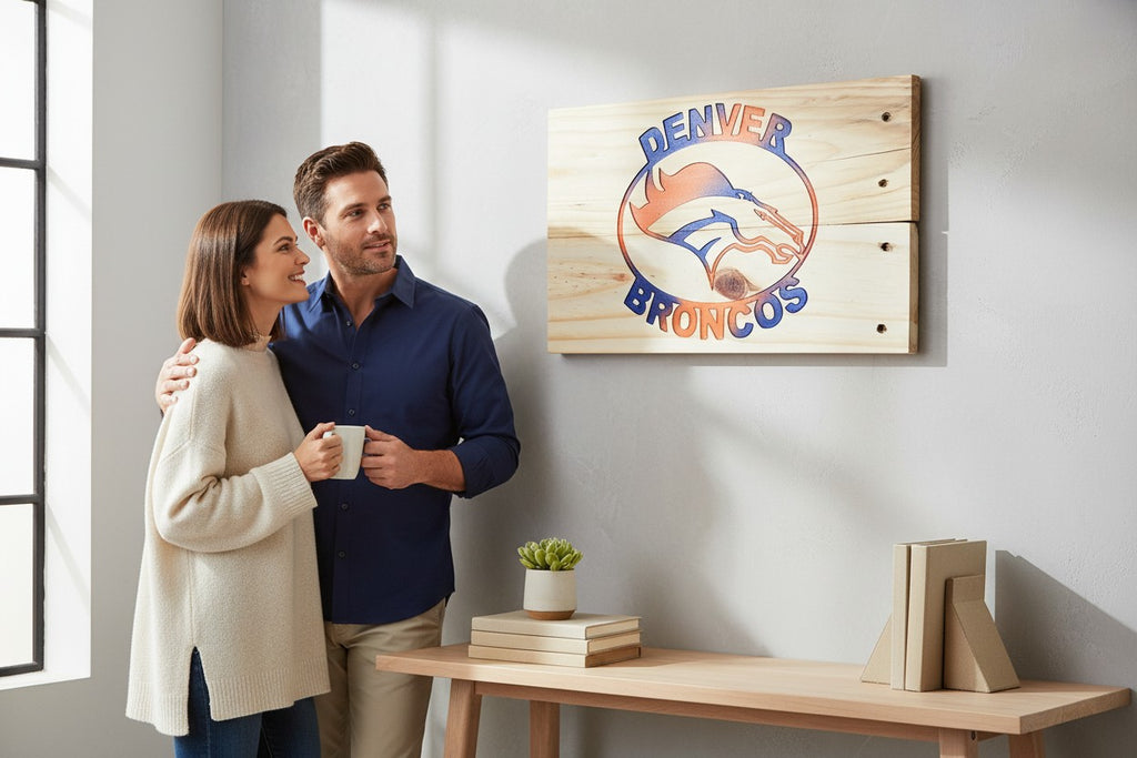 Couple admiring a TK Wood Designs Denver Broncos wooden wall sign with orange and blue logo on natural wood grain.