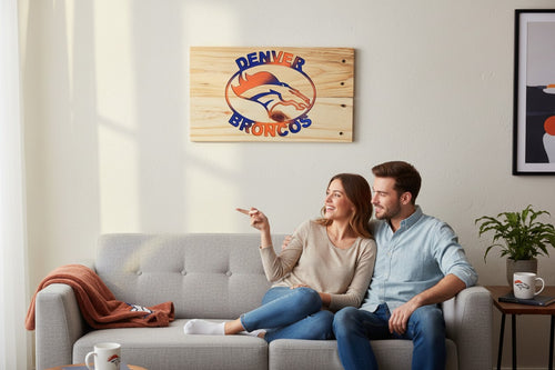 Couple sitting on a sofa pointing at a TK Wood Designs Denver Broncos wooden wall sign with blue and orange logo.
