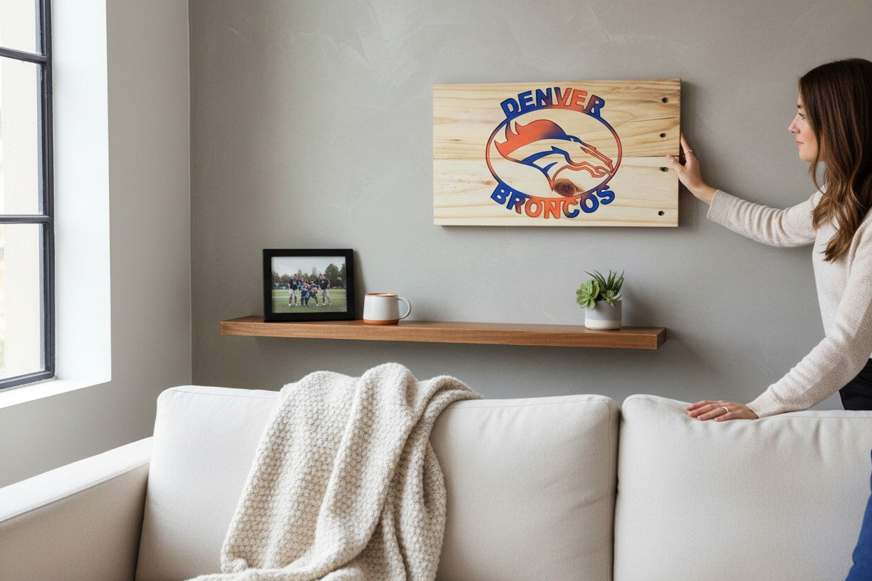 Woman hanging a TK Wood Designs Denver Broncos wooden wall sign with blue and orange logo in a modern living room.