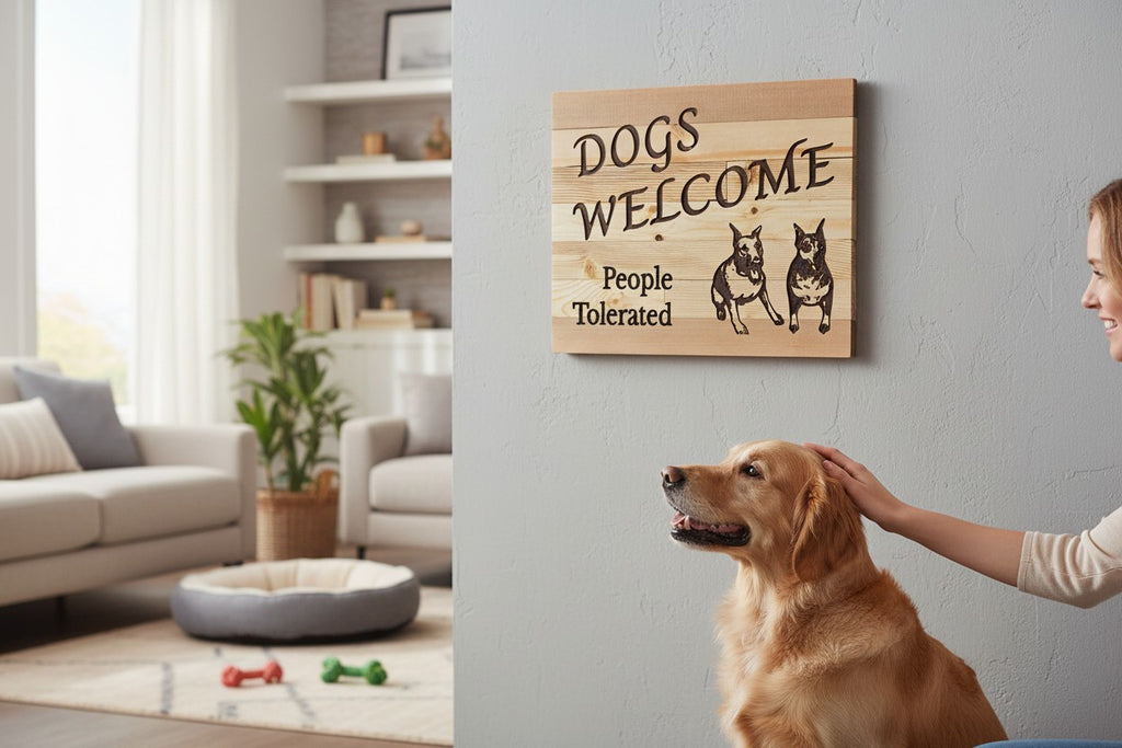 TK Wood Designs wooden sign with carved text "DOGS WELCOME People Tolerated" and two Doberman dog carvings.