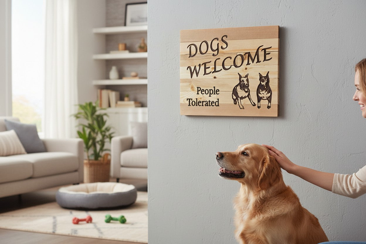 TK Wood Designs wooden sign with carved text "DOGS WELCOME People Tolerated" and two Doberman dog carvings.