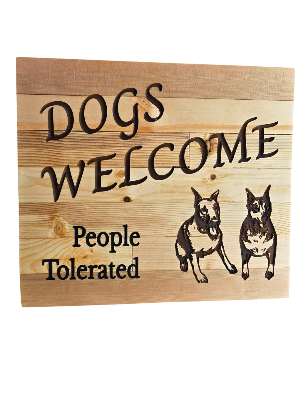 TK Wood Designs wooden sign with carved text "DOGS WELCOME People Tolerated" and two Doberman dog carvings.