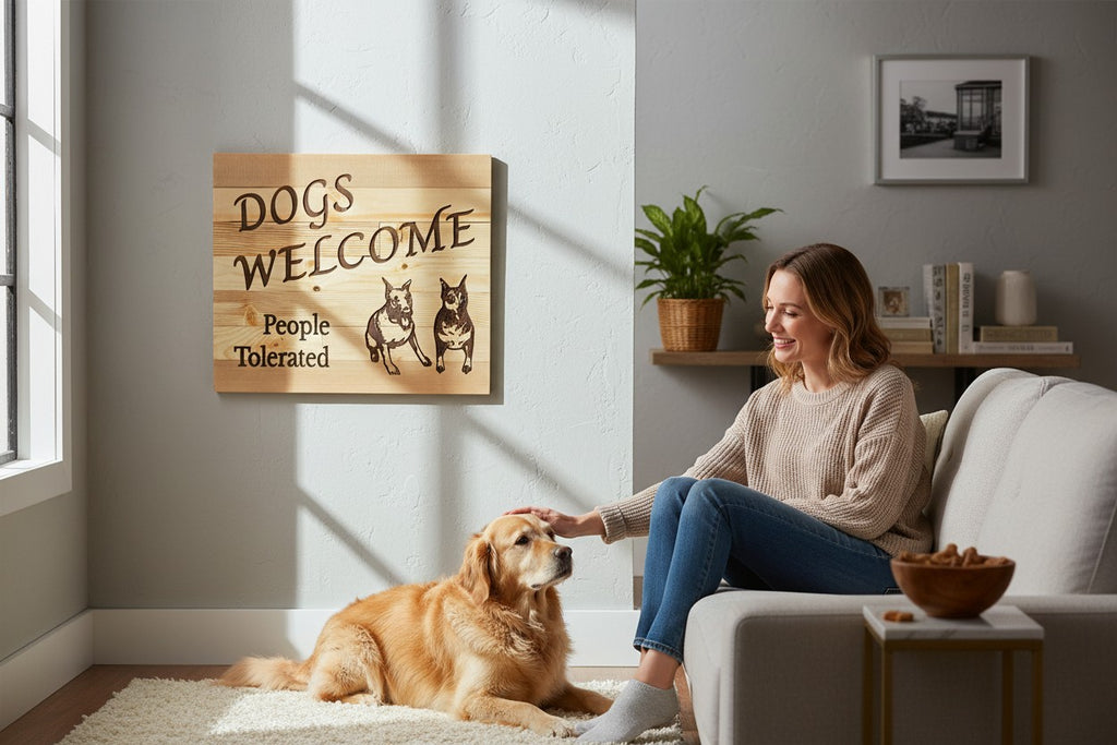 TK Wood Designs wooden sign with carved text "DOGS WELCOME People Tolerated" and two Doberman dog carvings.