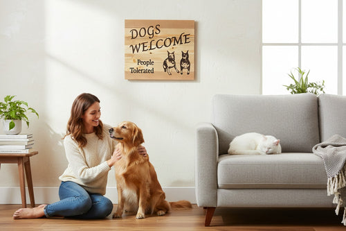 TK Wood Designs wooden sign with carved text "DOGS WELCOME People Tolerated" and two Doberman dog carvings.