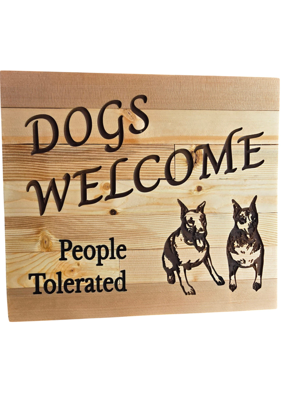 TK Wood Designs wooden sign with carved text "DOGS WELCOME People Tolerated" and two Doberman dog illustrations.