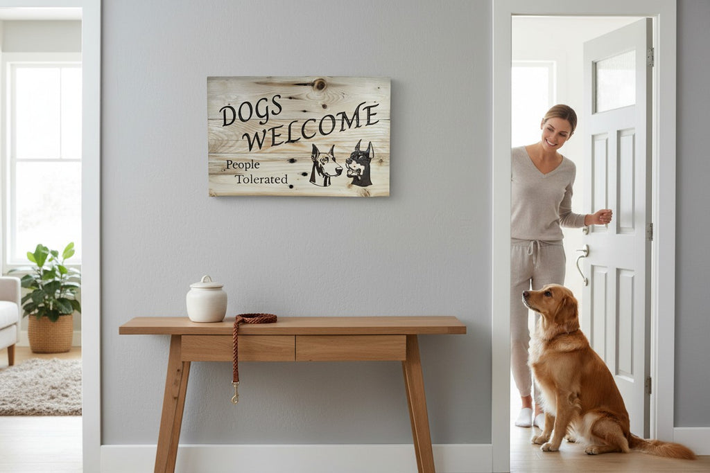 TK Wood Designs wooden sign with "Dogs Welcome, People Tolerated" and two dog portraits.