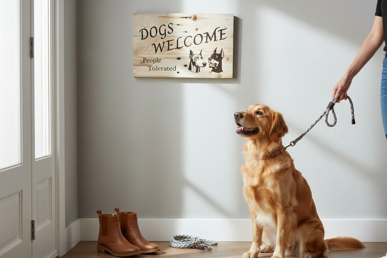 TK Wood Designs rustic wood sign with "Dogs Welcome, People Tolerated" text and two dog illustrations.