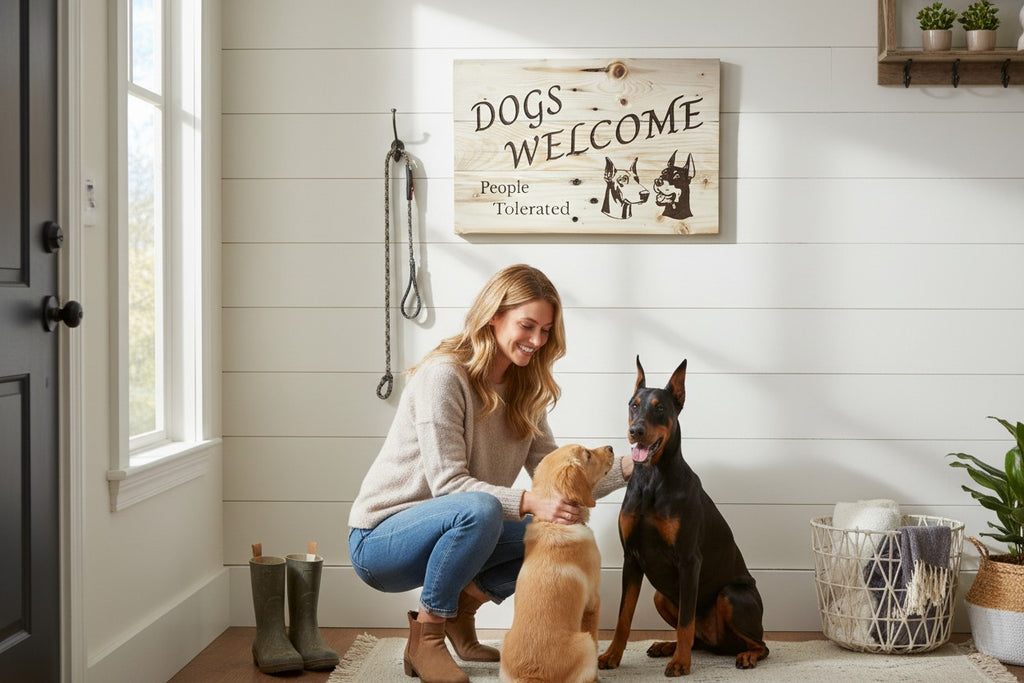 TK Wood Designs wooden sign with "Dogs Welcome, People Tolerated" text and two dog illustrations. Natural wood finish.