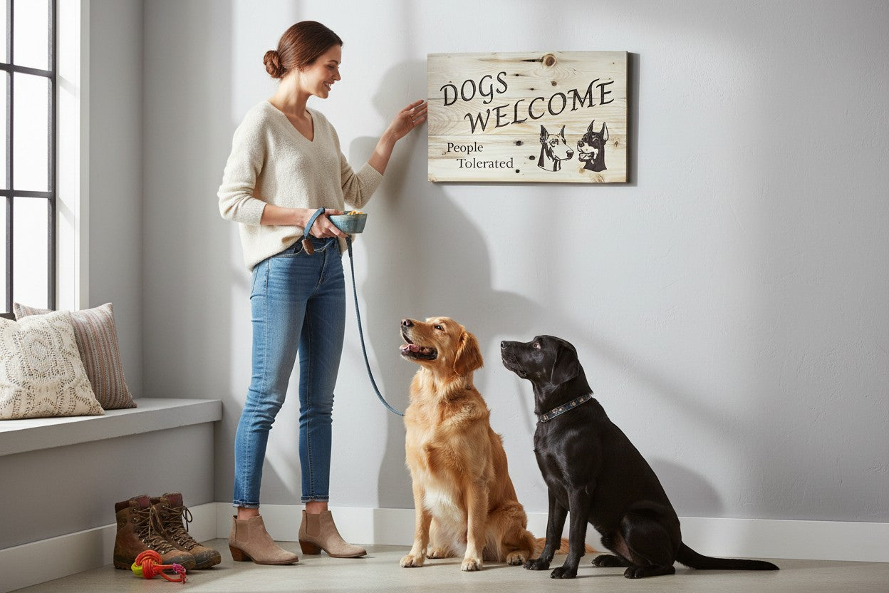 TK Wood Designs wooden sign with "Dogs Welcome, People Tolerated" text and two dog illustrations. Natural wood.