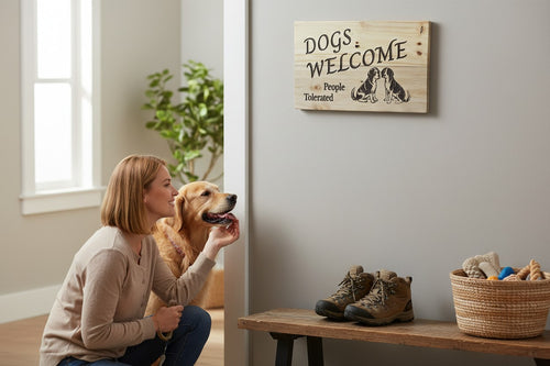 TK Wood Designs wooden sign with "Dogs Welcome, People Tolerated" text and two dog illustrations.