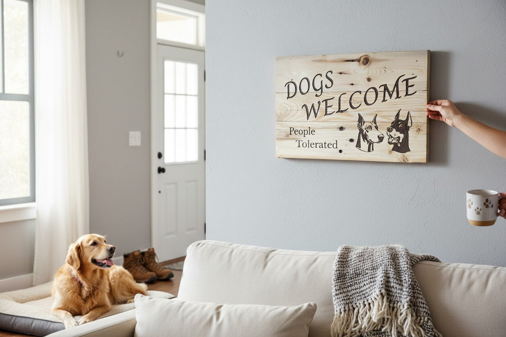 TK Wood Designs wooden sign with "Dogs Welcome, People Tolerated" and two Doberman dog portraits.