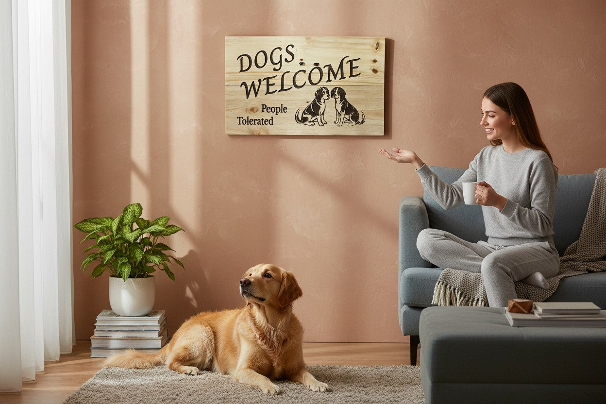 TK Wood Designs wooden sign with "Dogs Welcome, People Tolerated" text and two dog illustrations.