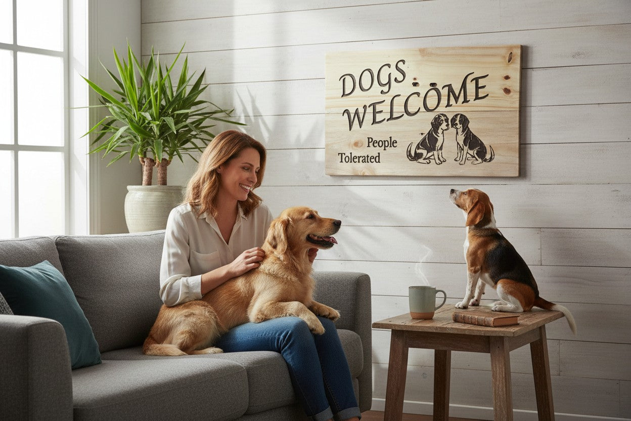 TK Wood Designs wooden sign with "DOGS WELCOME People Tolerated" text and two dog illustrations.