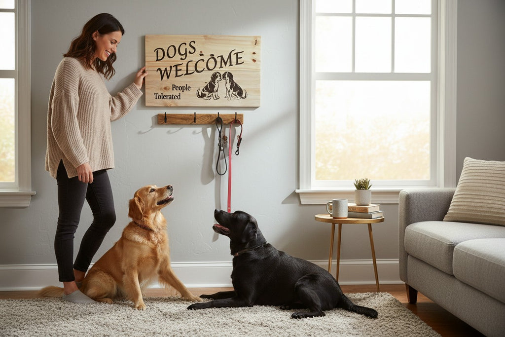 TK Wood Designs wooden sign with "Dogs Welcome, People Tolerated" text and two dog illustrations.