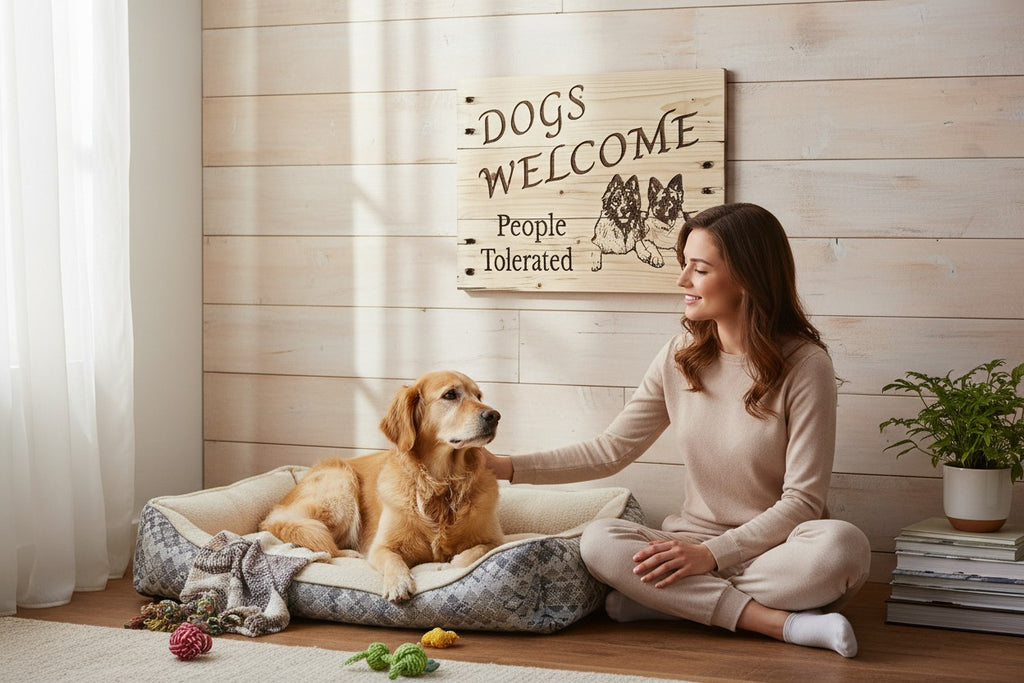 TK Wood Designs wooden sign with "DOGS WELCOME People Tolerated" and two German Shepherd dog illustrations.