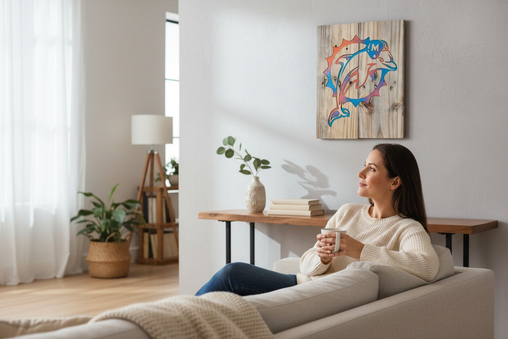Woman relaxing on a sofa near a TK Wood Designs rustic wooden wall art piece featuring a vibrant orange and blue dolphin