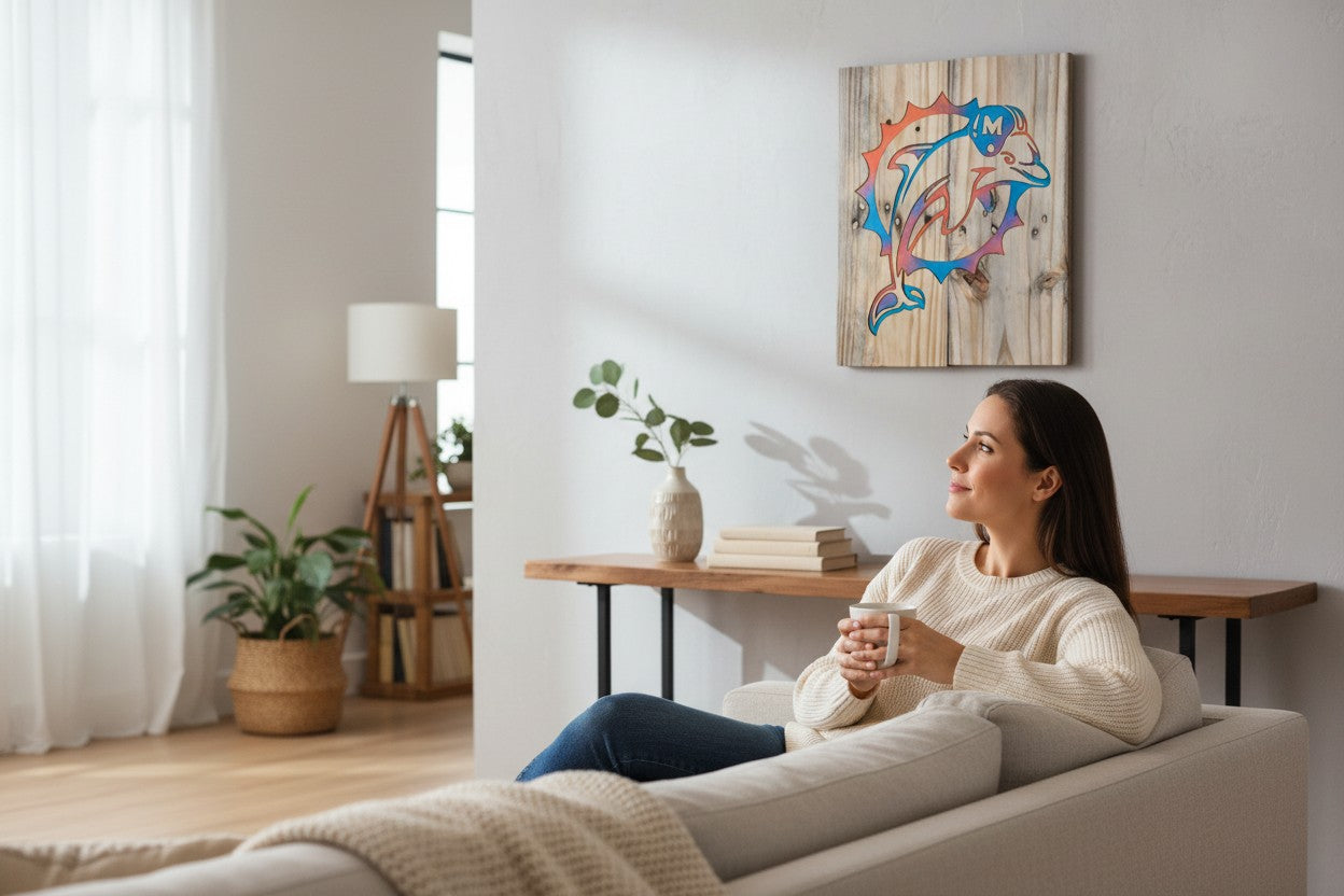 Woman relaxing on a sofa near a TK Wood Designs rustic wooden wall art piece featuring a vibrant orange and blue dolphin