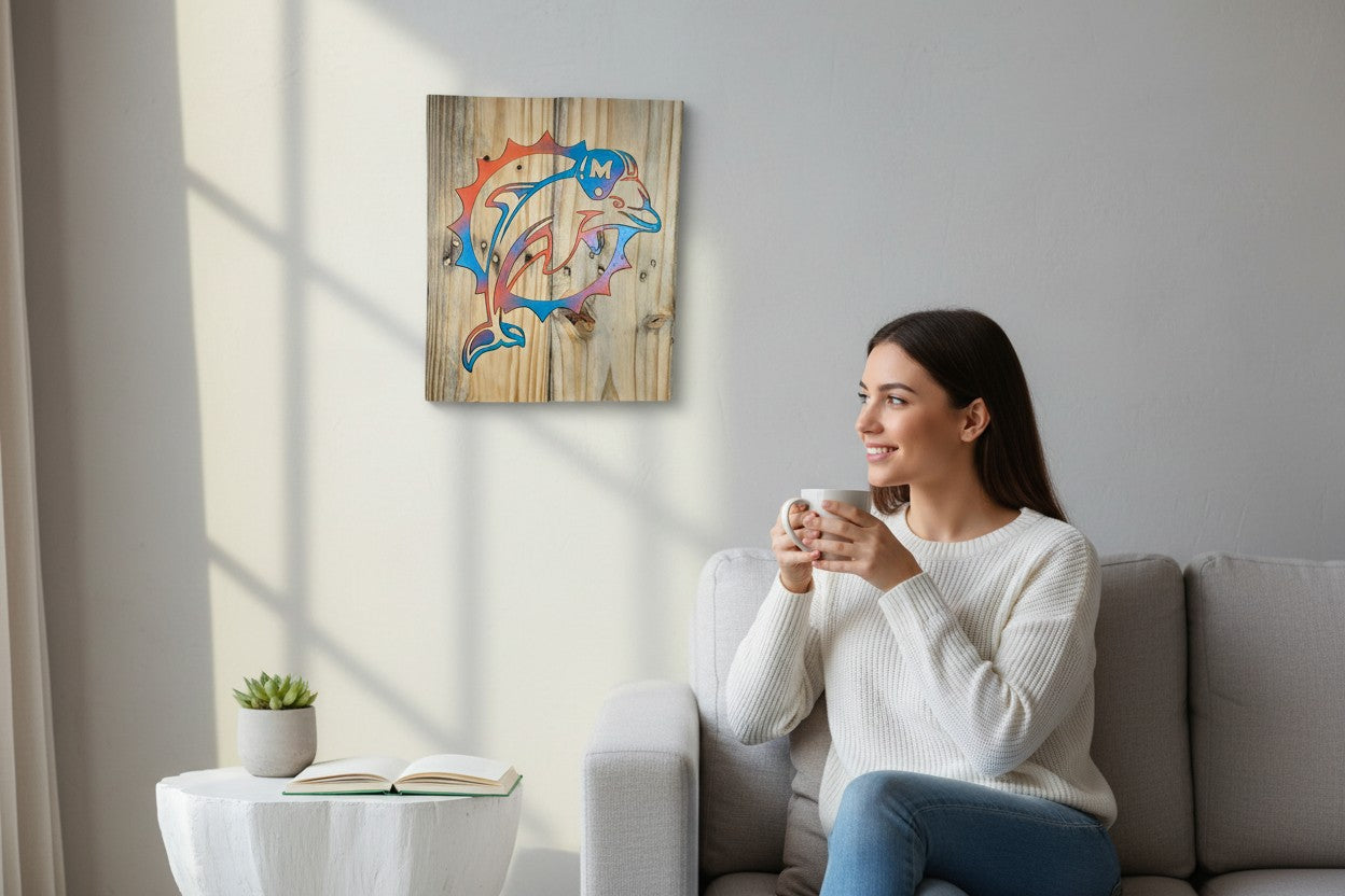 TK Wood Designs rustic wooden wall art featuring an orange and blue dolphin logo on reclaimed wood in a living room.