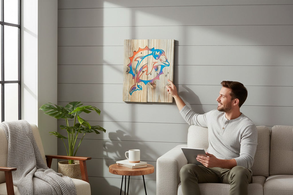 Man pointing at a TK Wood Designs rustic wooden wall art featuring an orange and blue dolphin logo on reclaimed wood.