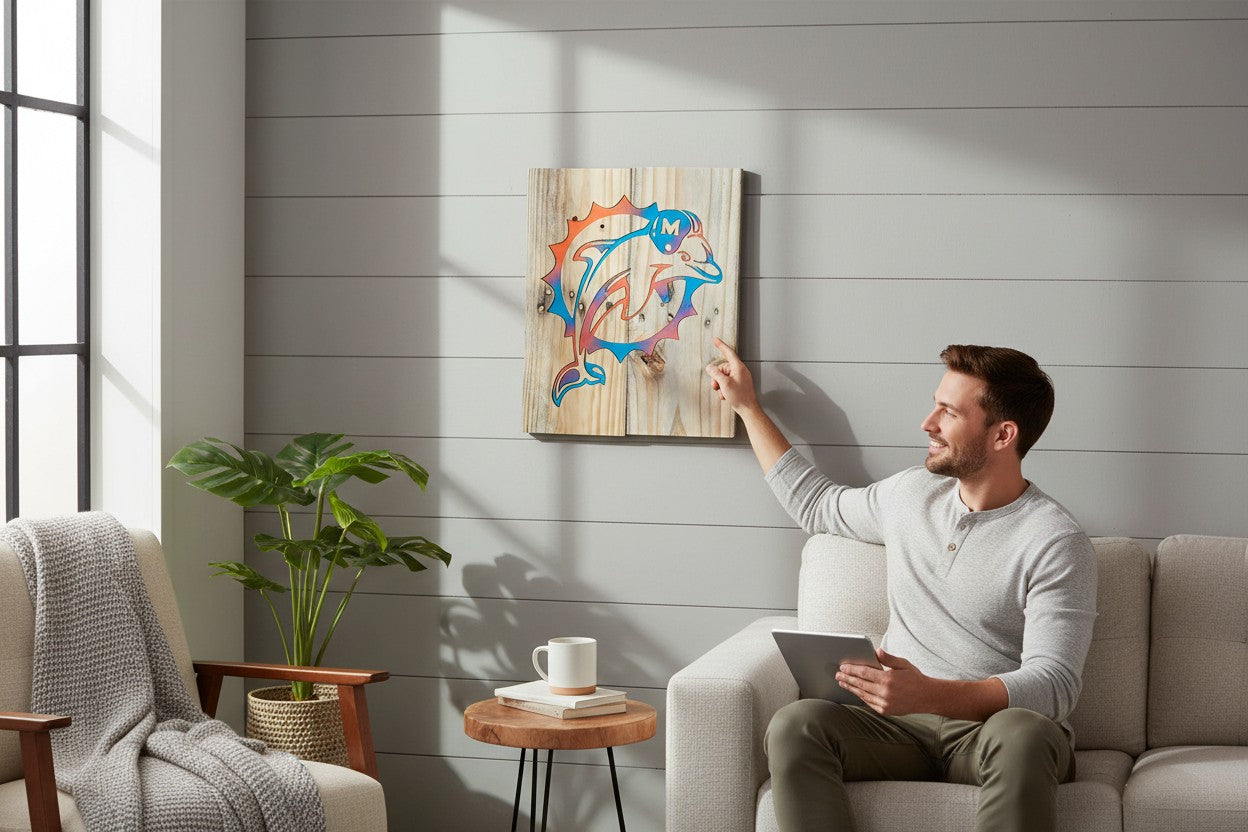 Man pointing at a TK Wood Designs rustic wooden wall art featuring an orange and blue dolphin logo on reclaimed wood.