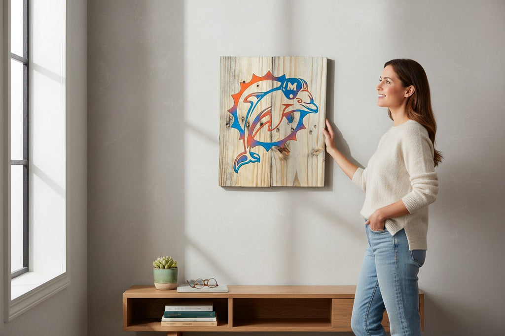Woman hanging TK Wood Designs rustic wooden wall art with an orange and blue dolphin logo on a textured wood panel.