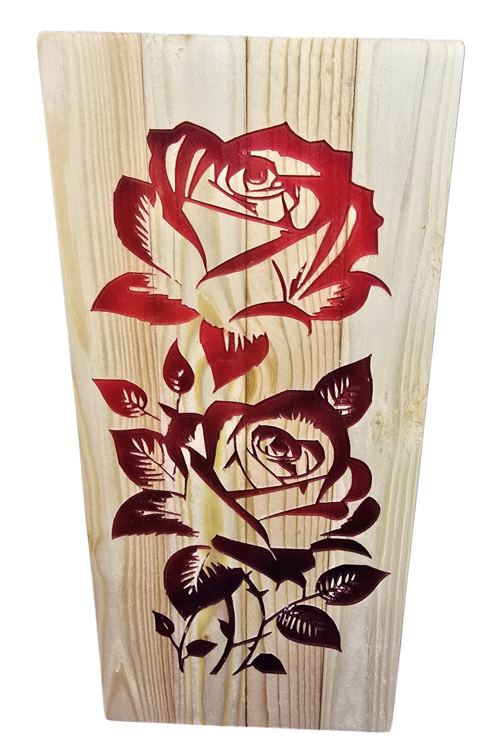TK Wood Designs Double Rose hand-carved wooden sculpture with red rose design. Natural wood finish.