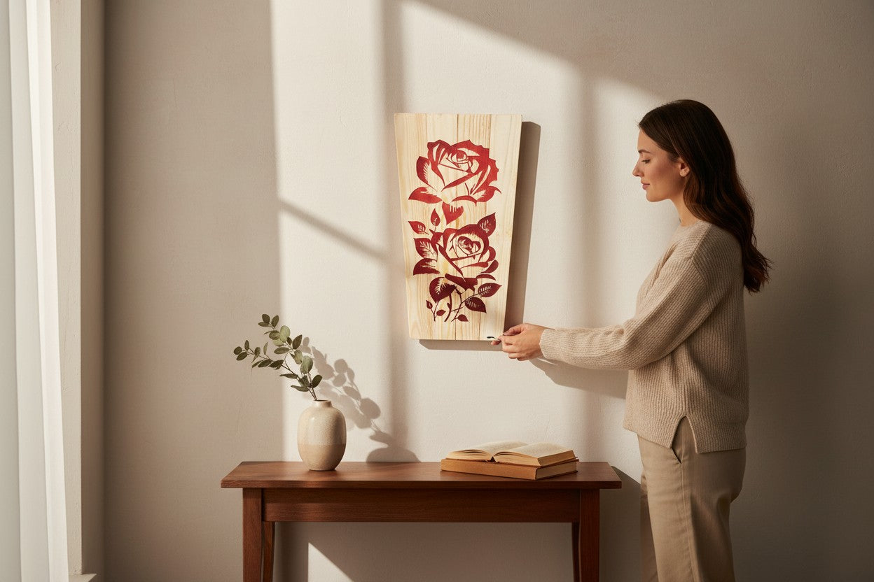 TK Wood Designs Double Rose hand-carved wooden sculpture with red rose design. Natural wood finish.