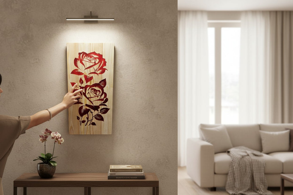 TK Wood Designs Double Rose hand-carved wooden sculpture with red rose design. Natural wood finish.