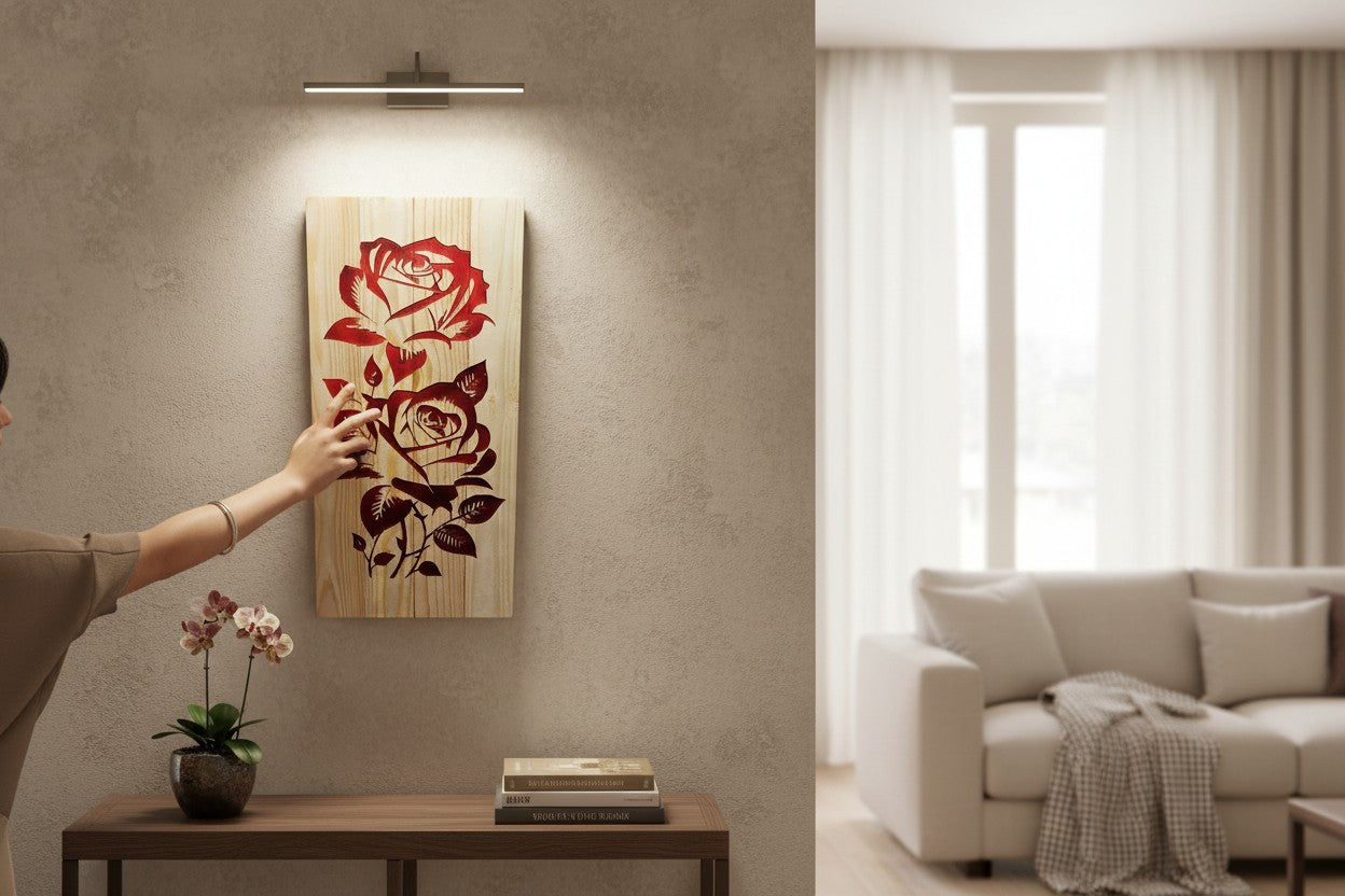 TK Wood Designs Double Rose hand-carved wooden sculpture with red rose design. Natural wood finish.