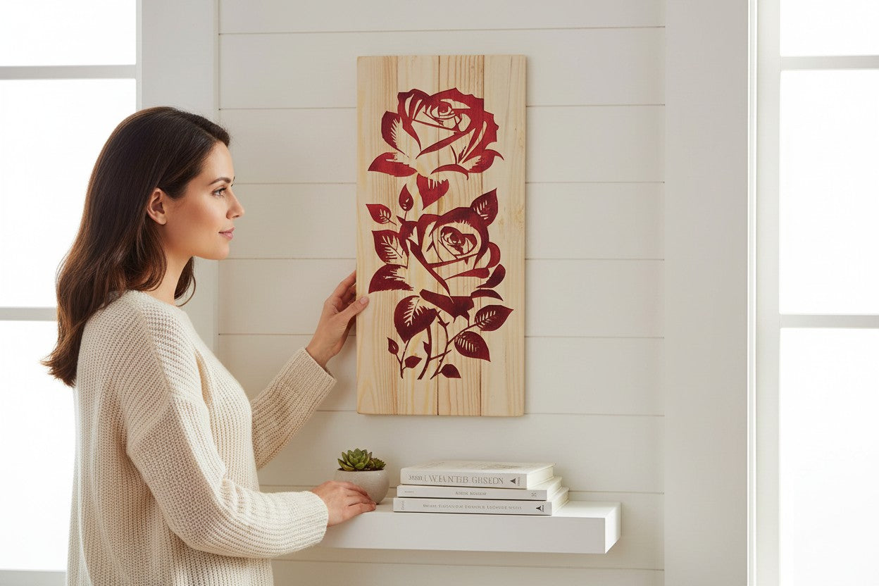 TK Wood Designs Double Rose hand-carved wooden sculpture with deep red roses and leaves on a light wood grain background.