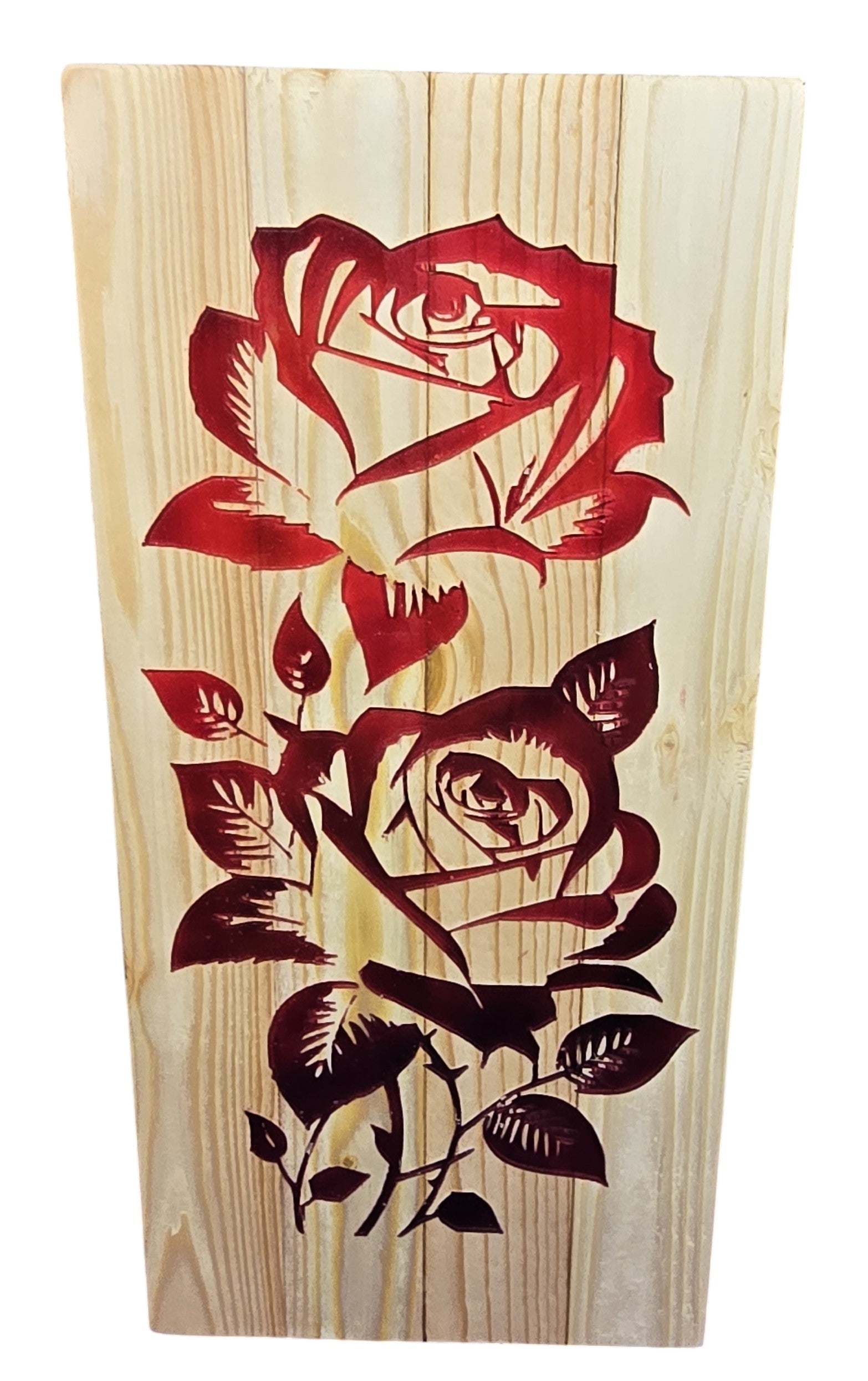 TK Wood Designs Double Rose hand-carved wooden sculpture with red rose design. Natural wood finish.