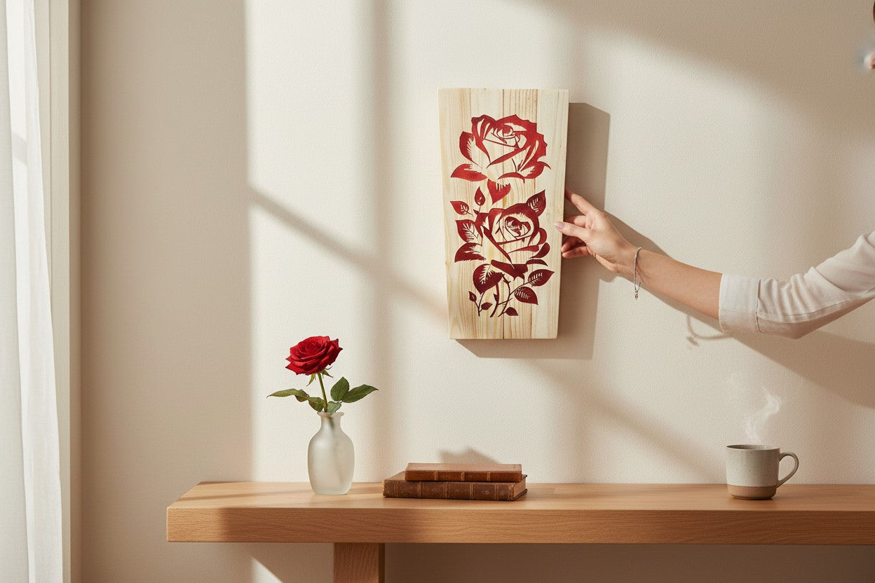 TK Wood Designs Double Rose hand-carved wooden sculpture with red rose design. Natural wood finish.