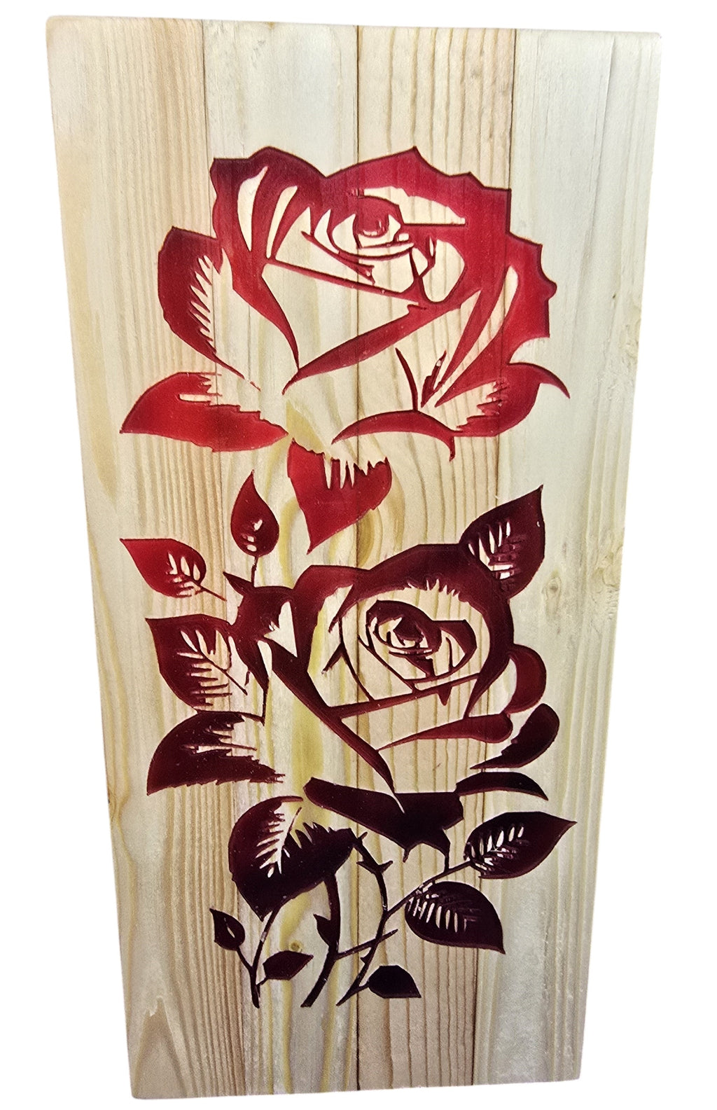 TK Wood Designs Double Rose hand-carved wood sculpture with red roses and leaves. Natural wood finish.